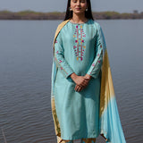 Blue Cotton Kurta Set With Hand Embroidery