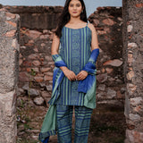 Navy Blue Cotton Kurta Set With Hand Embroidery