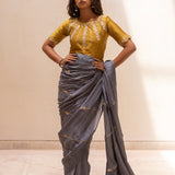Grey Gota Patti Chinon Saree With Mustard Cotton Silk Blouse