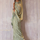 Pastel Green Gota Patti Chinon Saree With Navy Blue Cotton Silk Blouse