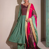 Sea Green And Multicolour Chinon Suit And Palazzo Set