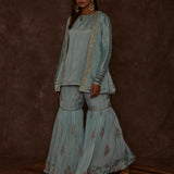 Pastel Blue Jacketed Pure Chinon Gharara Set