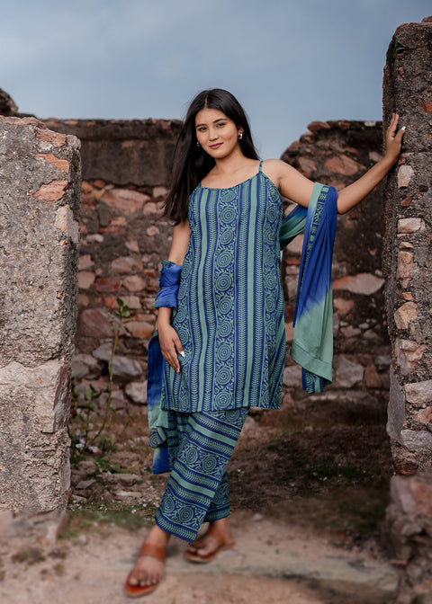 <img> Navy Blue Cotton Kurta Set With Hand Embroidery