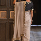Beige Gota Patti Chinon Saree With Black Cotton Silk Blouse