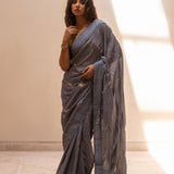 Grey Gota Patti Chinon Saree With Mustard Cotton Silk Blouse