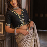 Beige Gota Patti Chinon Saree With Black Cotton Silk Blouse