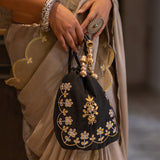 Beige Gota Patti Chinon Saree With Black Cotton Silk Blouse