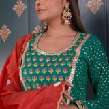 Green Butti Chandary With Block Print Kurti Set