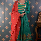 Green Butti Chandary With Block Print Kurti Set