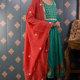 Green Butti Chandary With Block Print Kurti Set