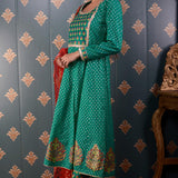 Green Butti Chandary With Block Print Kurti Set
