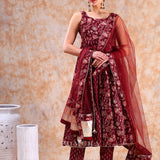 Maroon Floral Weave Anarkali Set