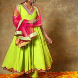 Lime Green Anarkali Set With Pink Striped Border And Ombre Dupatta