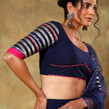 Navy Blue Lehenga With Silver Striped Border And Pink Trim