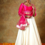 Fuchsia Pink Satin Blouse Lehenga With Ivory Gota Border Skirt