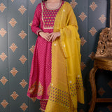 Pink Butti Chandary With Block Print Kurti Set