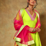 Lime Green Anarkali Set With Pink Striped Border And Ombre Dupatta