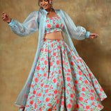 Sky Blue Floral Printed Lehenga Set With Sheer Organza Jacket