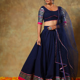 Navy Blue Lehenga With Silver Striped Border And Pink Trim