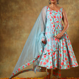 Sky Blue Floral Printed Sleeveless Anarkali Set With Organza Dupatta
