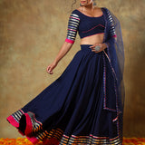 Navy Blue Lehenga With Silver Striped Border And Pink Trim