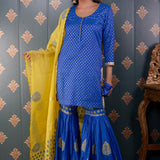 Royal Blue Banarasi Butti Chandary With Block Print Gharara Set