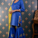 Royal Blue Banarasi Butti Chandary With Block Print Gharara Set