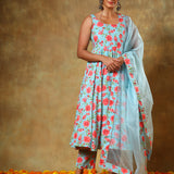 Sky Blue Floral Printed Sleeveless Anarkali Set With Organza Dupatta