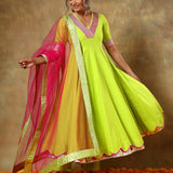 Lime Green Anarkali Set With Pink Striped Border And Ombre Dupatta