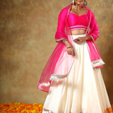 Fuchsia Pink Satin Blouse Lehenga With Ivory Gota Border Skirt