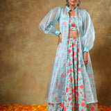 Sky Blue Floral Printed Lehenga Set With Sheer Organza Jacket