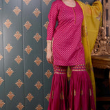 Pink Banarasi Butti Chandary With Block Print Gharara Set