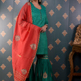 Green Banarasi Butti Chandary With Block Print Gharara Set