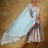 Sky Blue Floral Printed Sleeveless Anarkali Set With Organza Dupatta
