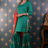 Green Banarasi Butti Chandary With Block Print Gharara Set