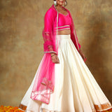 Fuchsia Pink Satin Blouse Lehenga With Ivory Gota Border Skirt