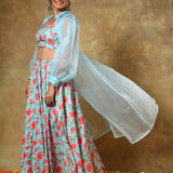 Sky Blue Floral Printed Lehenga Set With Sheer Organza Jacket
