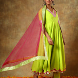 Lime Green Anarkali Set With Pink Striped Border And Ombre Dupatta