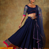 Navy Blue Lehenga With Silver Striped Border And Pink Trim