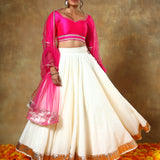 Fuchsia Pink Satin Blouse Lehenga With Ivory Gota Border Skirt