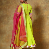 Lime Green Anarkali Set With Pink Striped Border And Ombre Dupatta