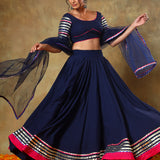 Navy Blue Lehenga With Silver Striped Border And Pink Trim