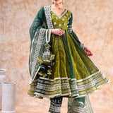 Olive Lattice Anarkali Set