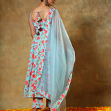 Sky Blue Floral Printed Sleeveless Anarkali Set With Organza Dupatta