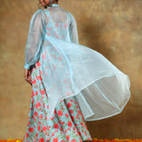 Sky Blue Floral Printed Lehenga Set With Sheer Organza Jacket
