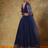Navy Blue Lehenga With Silver Striped Border And Pink Trim