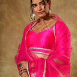 Fuchsia Pink Satin Blouse Lehenga With Ivory Gota Border Skirt