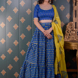 Block Printed Blue Cotton Silk Lehenga Set