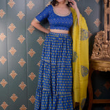 Block Printed Blue Cotton Silk Lehenga Set
