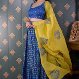 Block Printed Blue Cotton Silk Lehenga Set